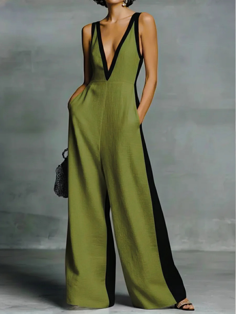 Cotton Casual Split Joint Color Block V Neck Tank Jumpsuit