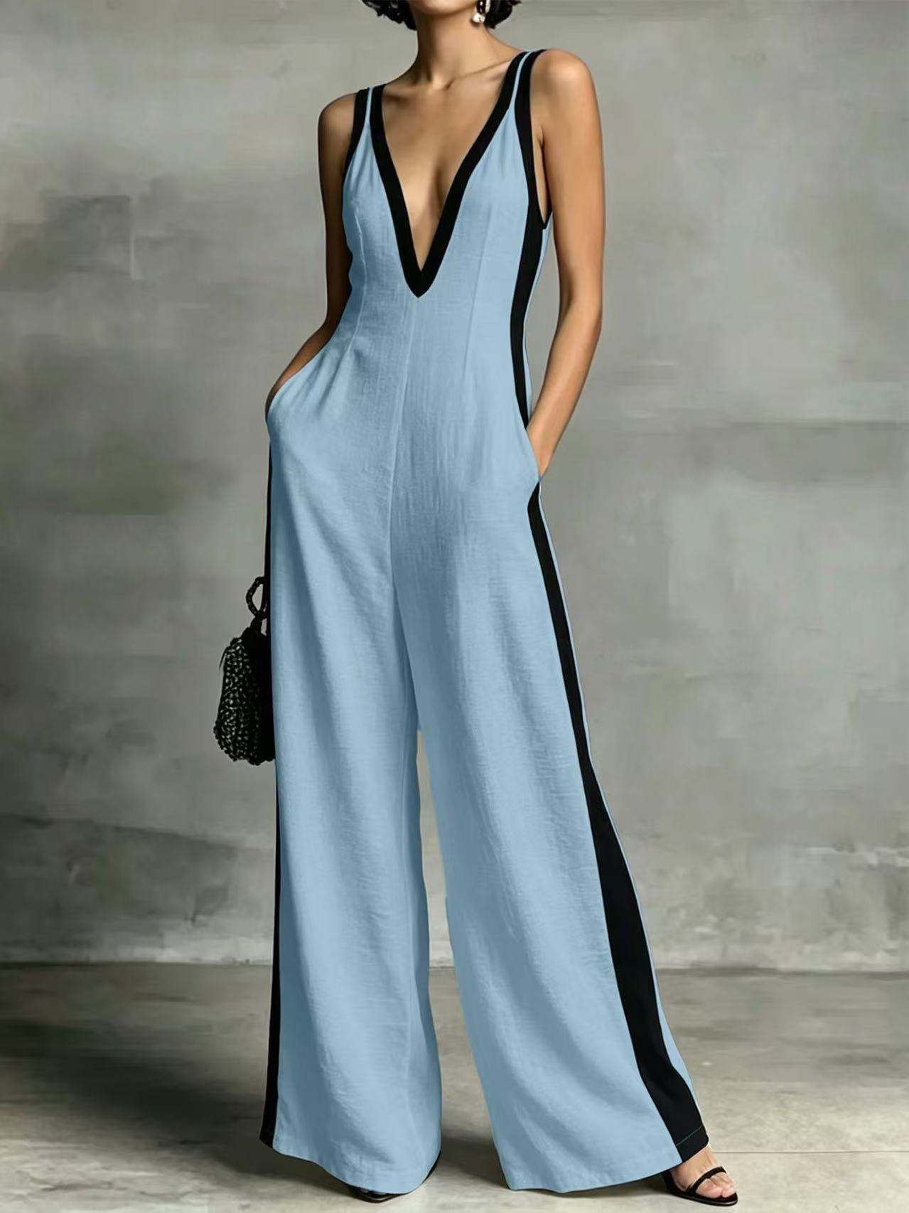 Cotton Casual Split Joint Color Block V Neck Tank Jumpsuit