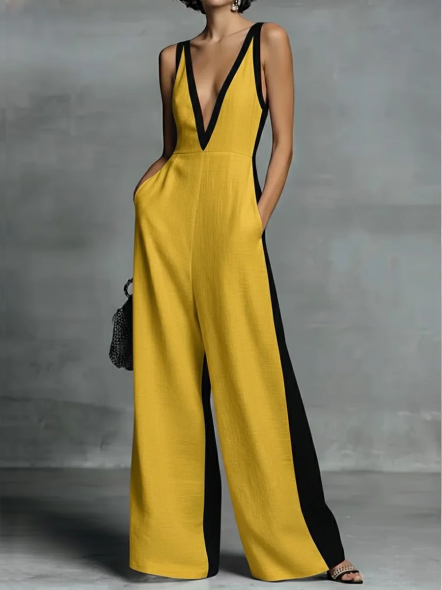 Cotton Casual Split Joint Color Block V Neck Tank Jumpsuit