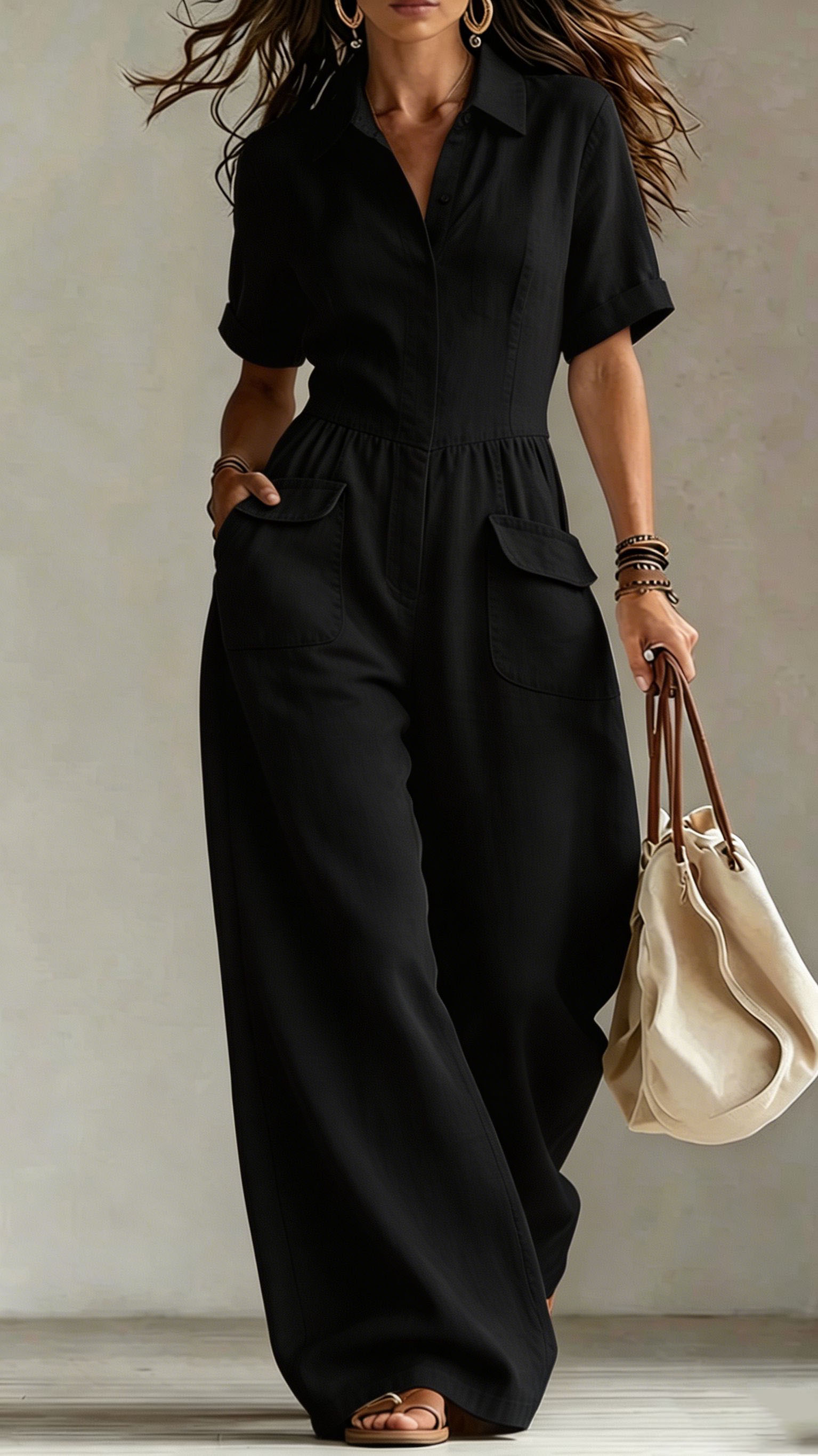 Women's cotton and linen loose sleeveless suspender jumpsuit