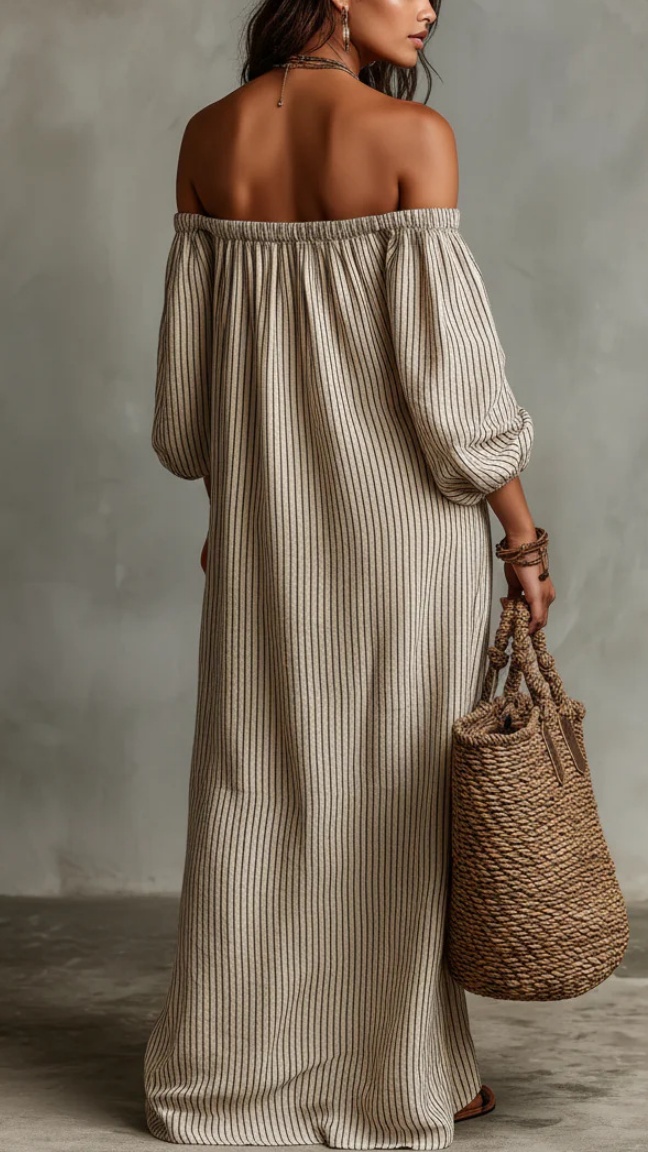 Women's Striped Off-Shoulder Cotton-Linen Vacation-Style Dress