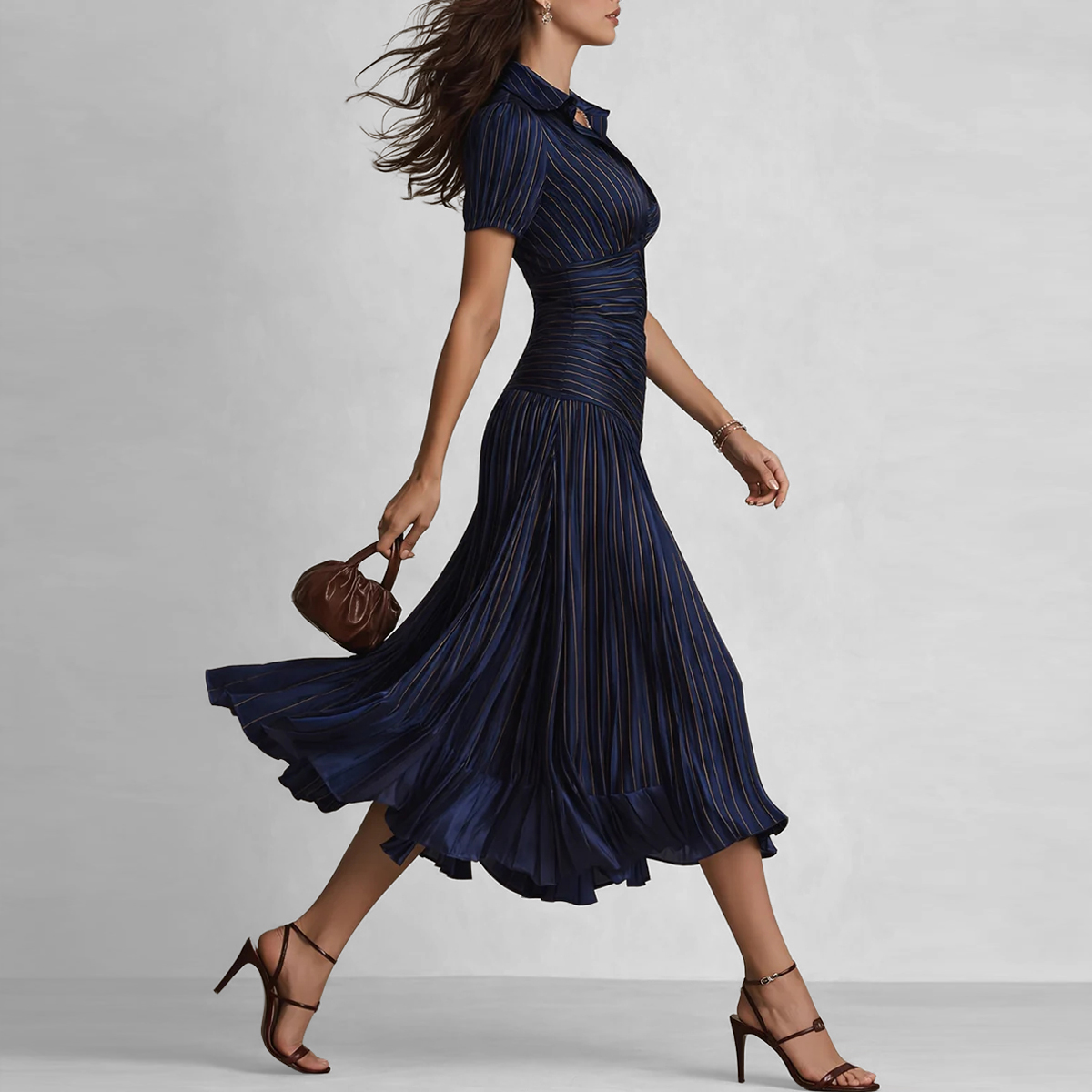 Women's Formal Striped Satin Pleated Flowy Hem Short Sleeve Midi Dress