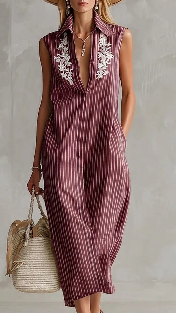 Women's Sleeveless V-Neck Striped Shirt Dress