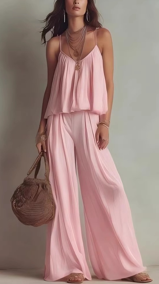Solid-Color Spaghetti Strap Tank Top & High-Waisted Versatile Wide-Leg Casual Pants Two-Piece Set