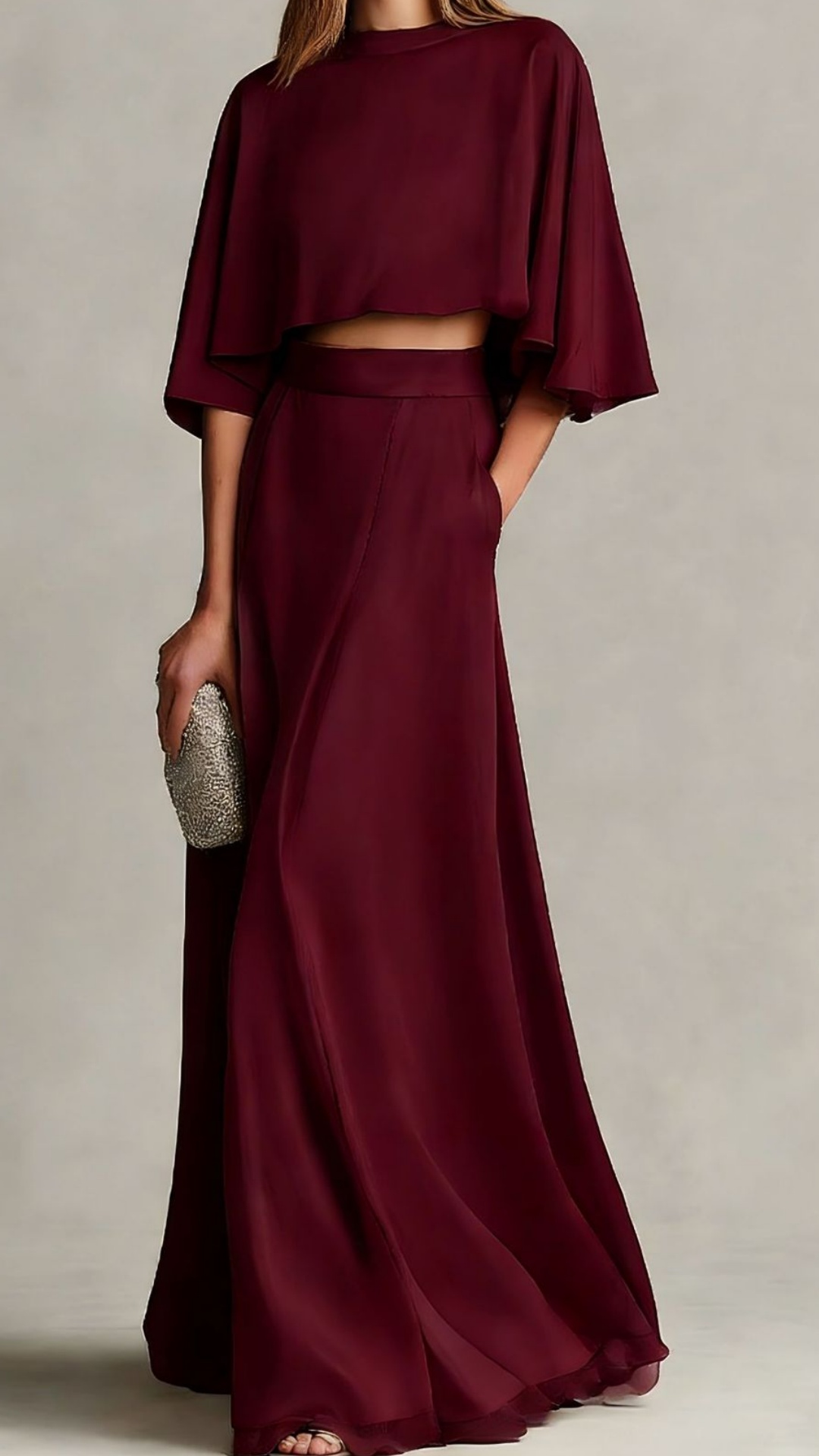 Women's Two-Piece Satin Maxi Dress Set with Shawl Sleeves