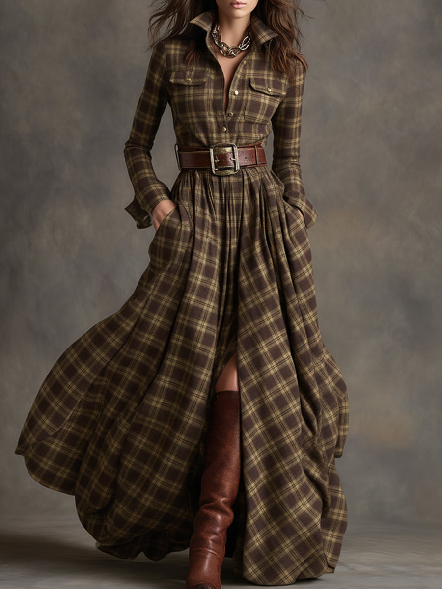 Retro Ethnic Style Lapel Reddish Brown Plaid Maxi Dress