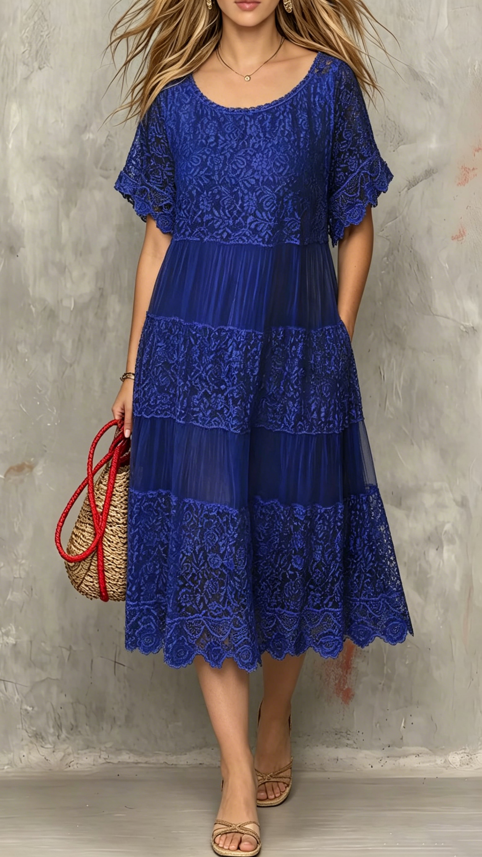 Women's Round-Neck Short-Sleeve Lace-Trimmed Dress