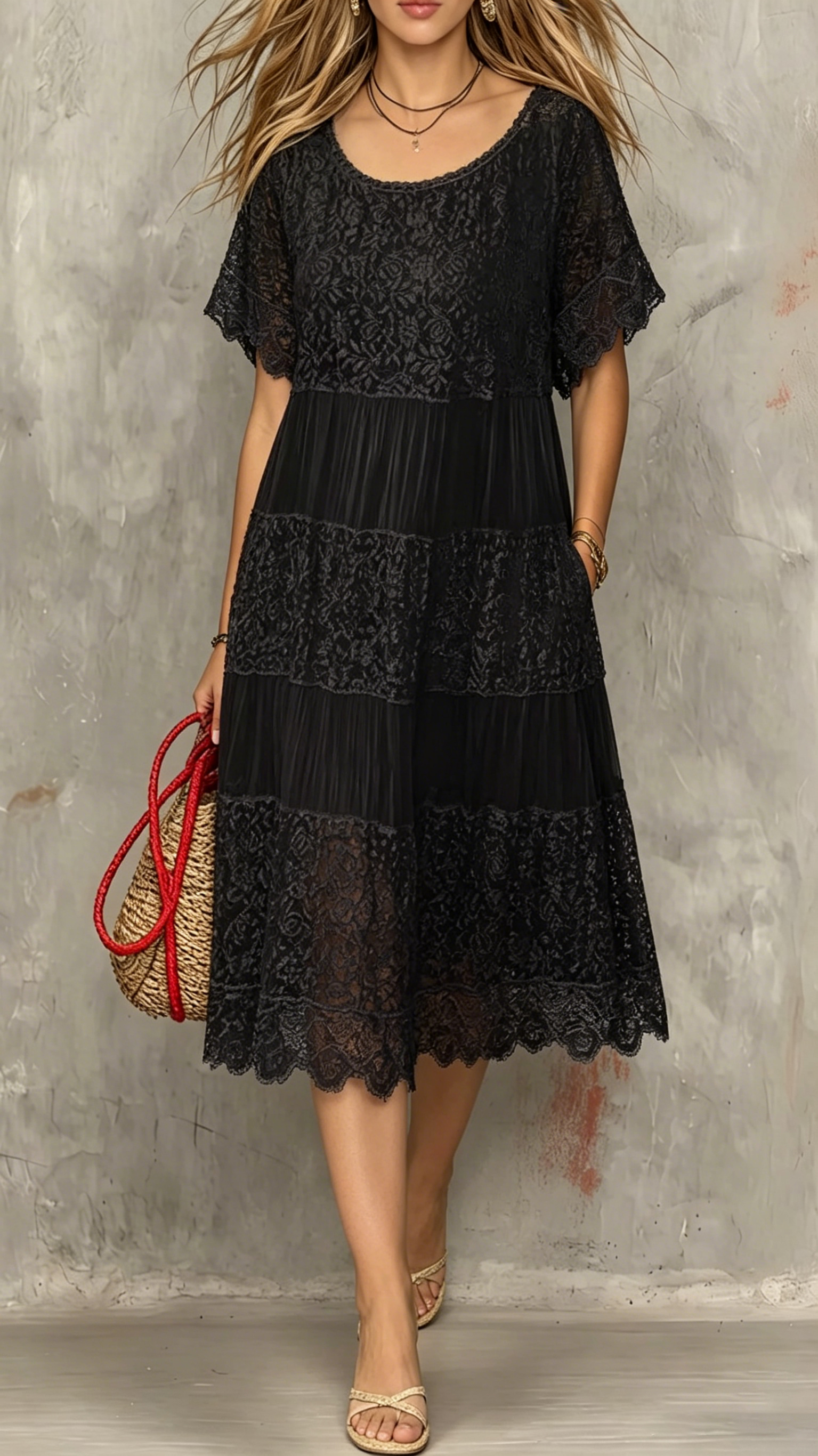 Women's Round-Neck Short-Sleeve Lace-Trimmed Dress