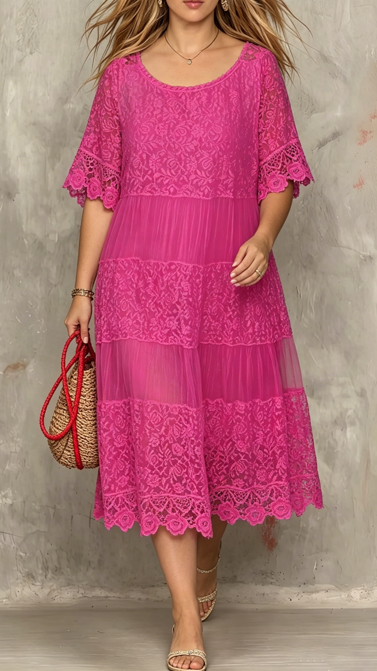 Women's Round-Neck Short-Sleeve Lace-Trimmed Dress