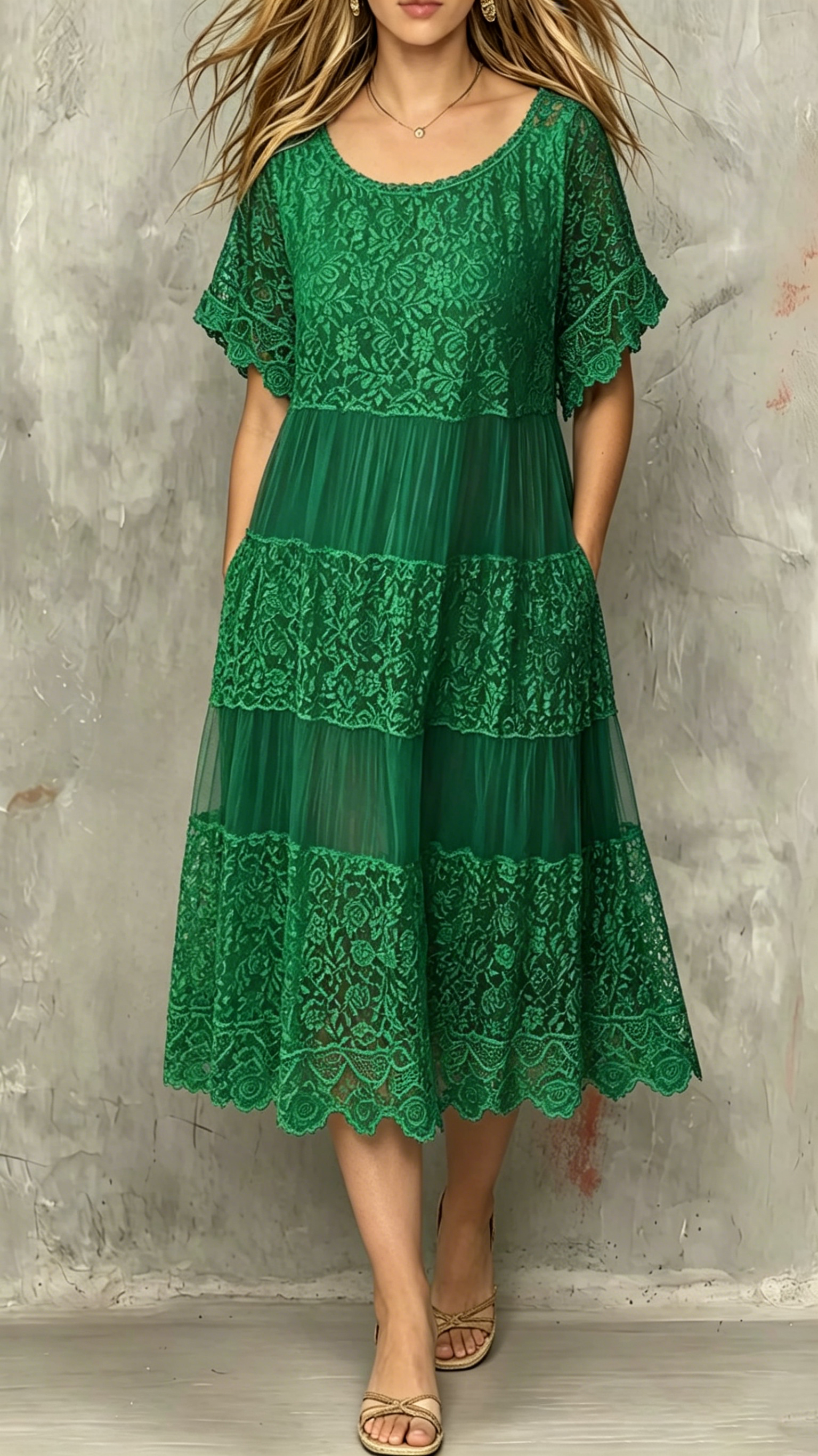Women's Round-Neck Short-Sleeve Lace-Trimmed Dress