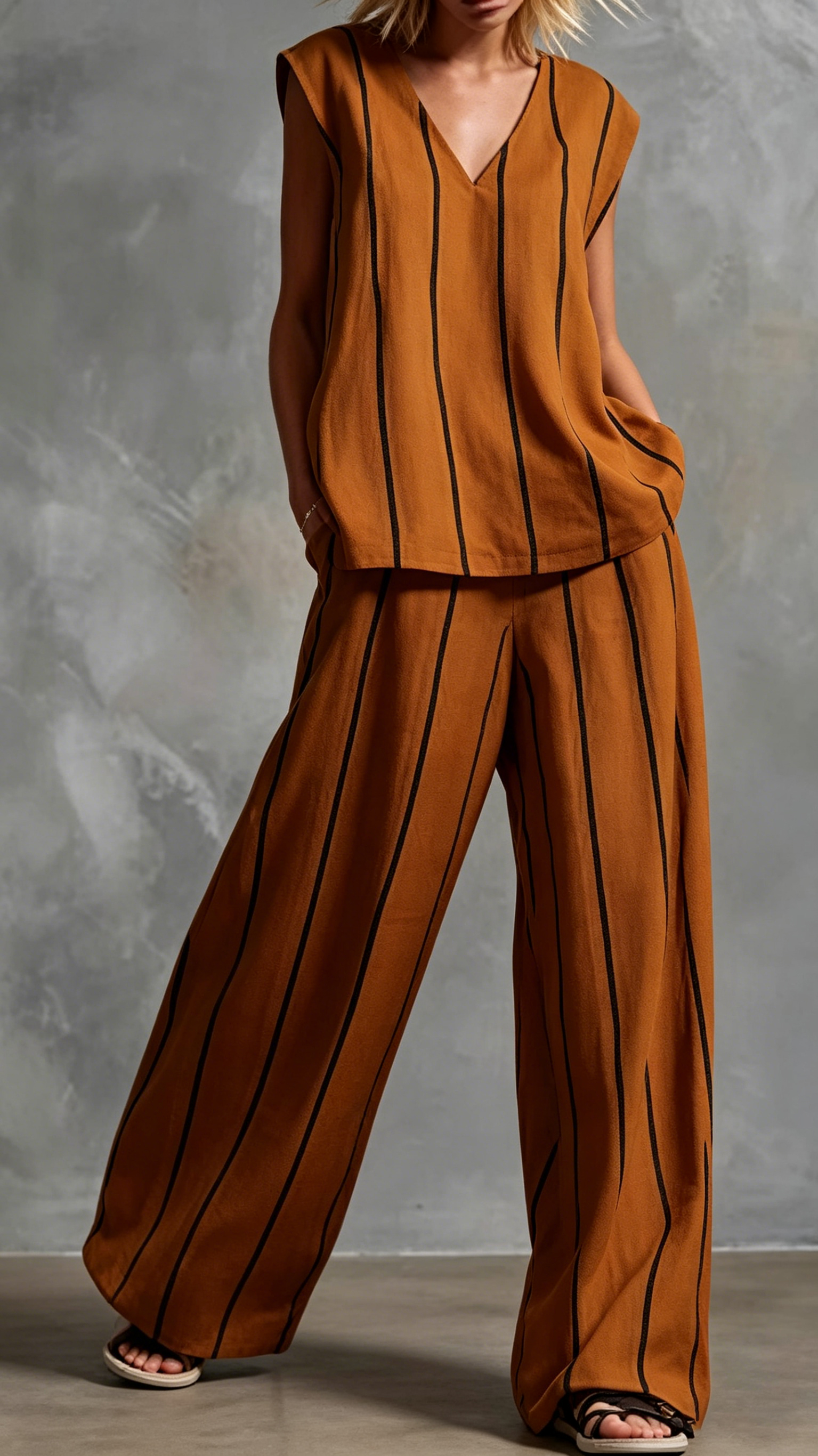 Women's Vertical-Stripe Loose-Fit Slimming Cotton-Linen Two-Piece Set