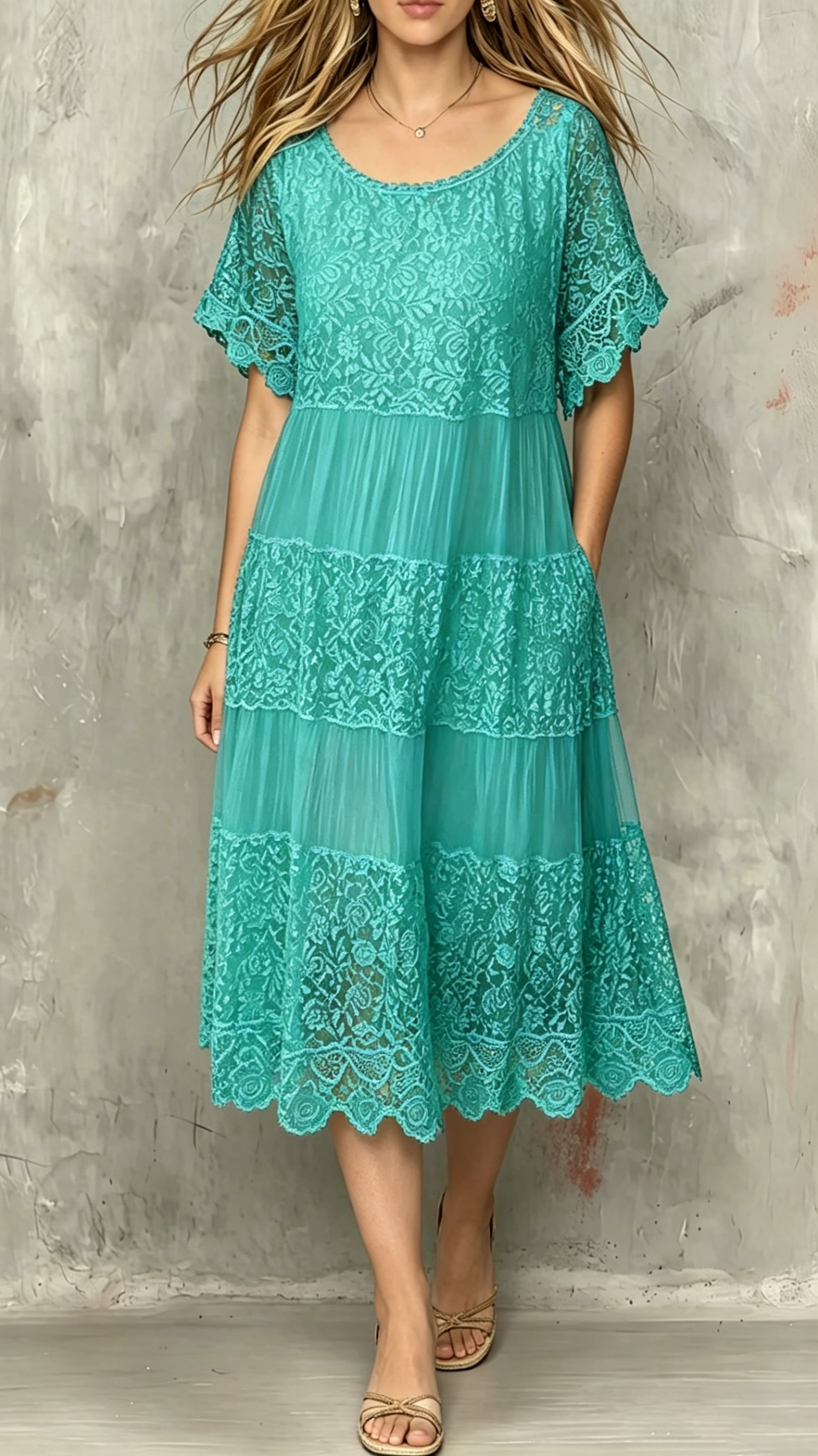 Women's Round-Neck Short-Sleeve Lace-Trimmed Dress