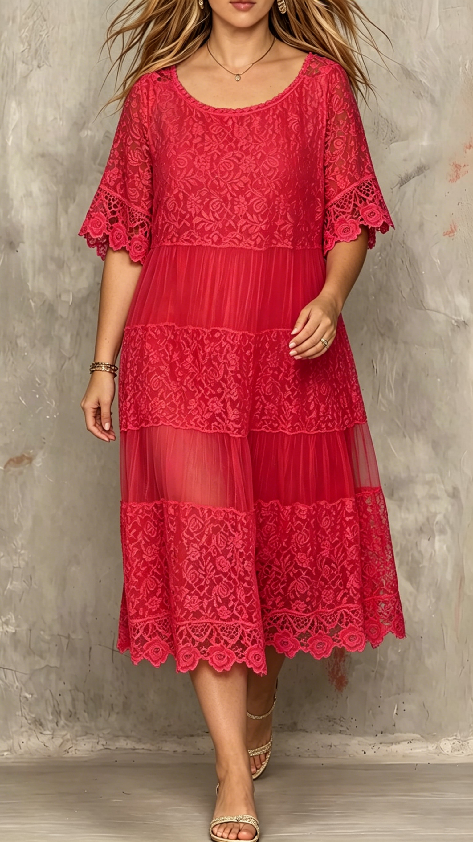 Women's Round-Neck Short-Sleeve Lace-Trimmed Dress