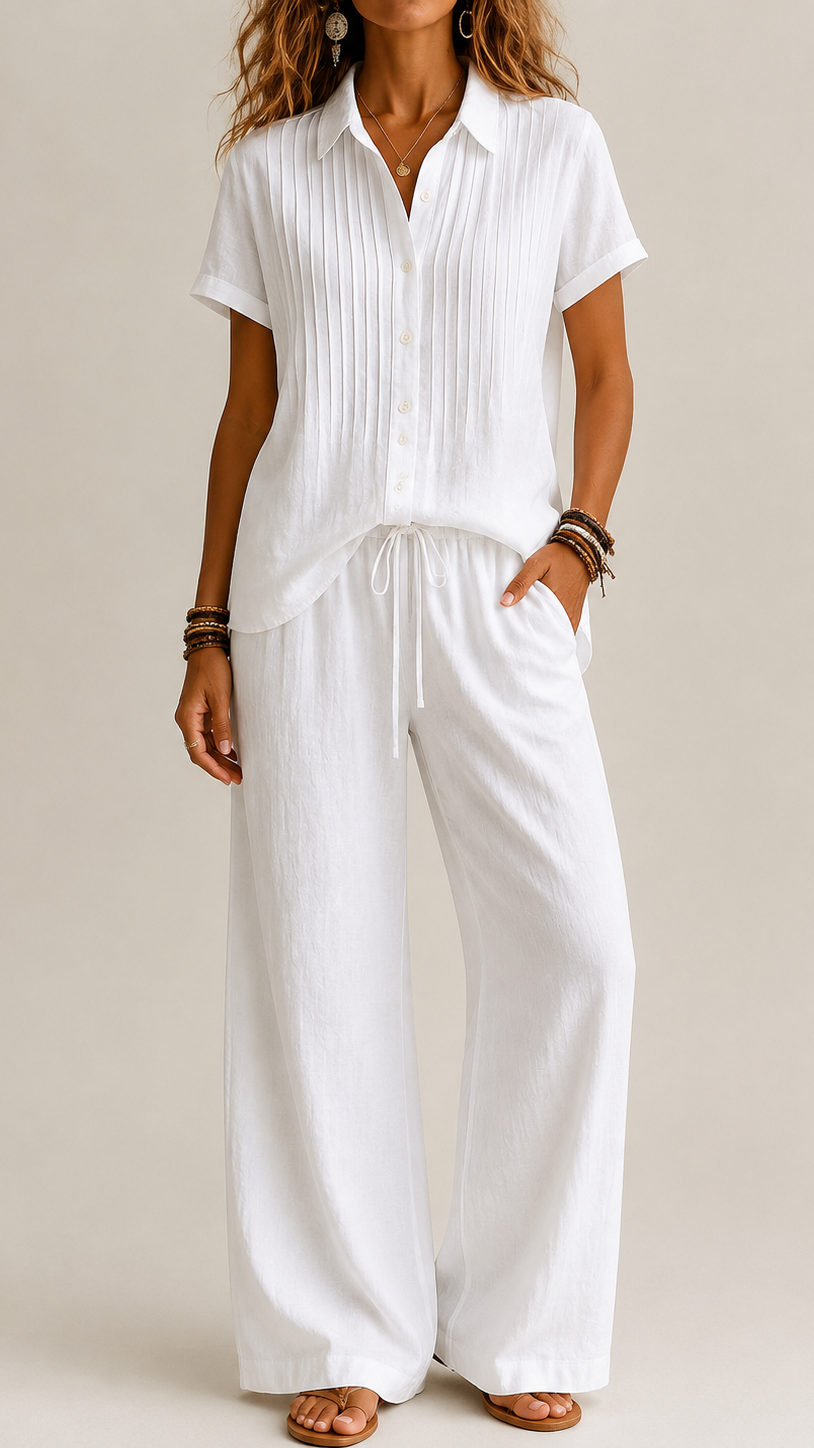 Front Pleated Short Sleeve Shirt & Drawstring Wide Leg Pants Two-Piece Matching Set