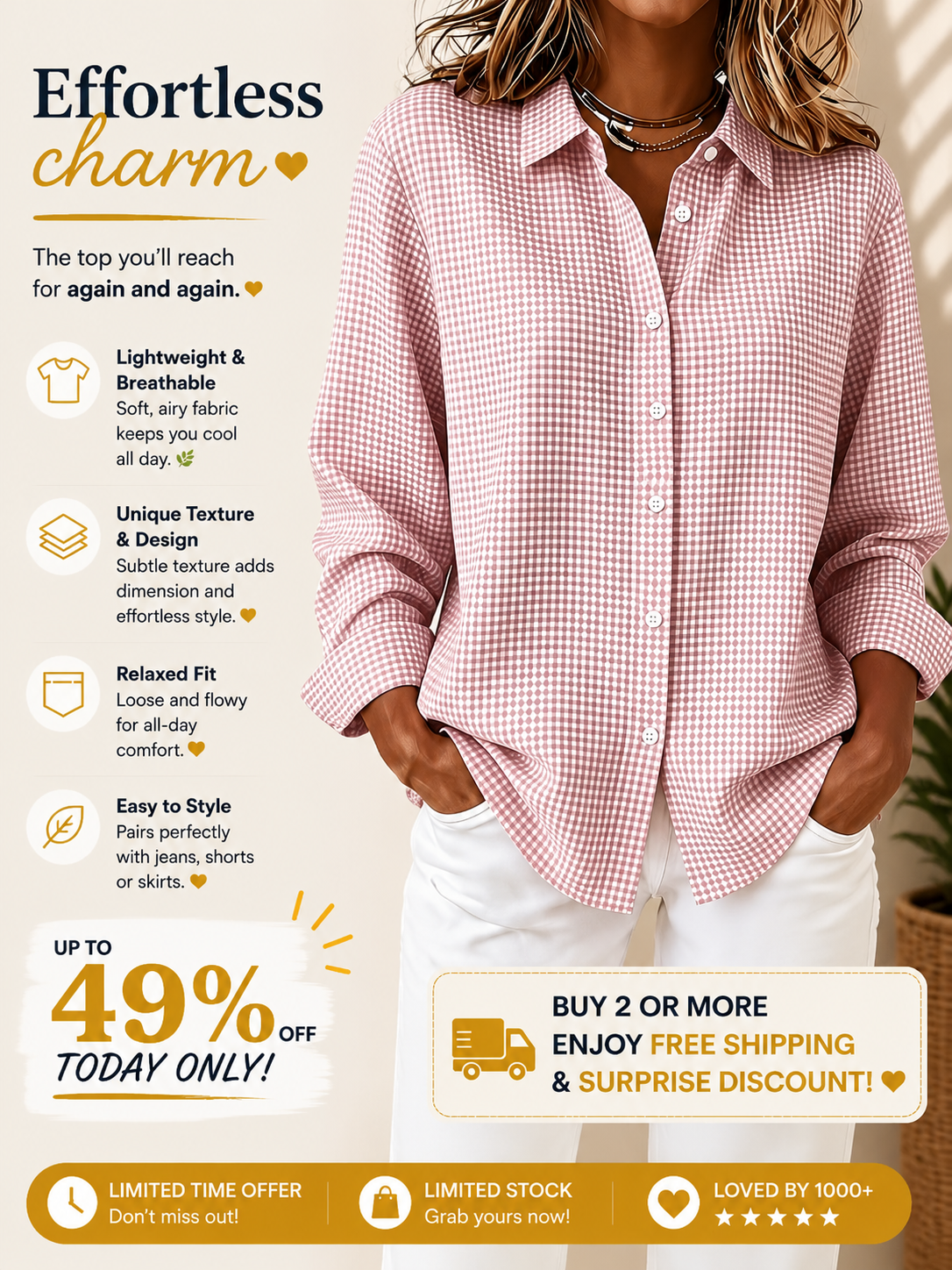 CLEARANCE SALE🔥 Women's Casual Gingham Long Sleeve Button Down Shirt