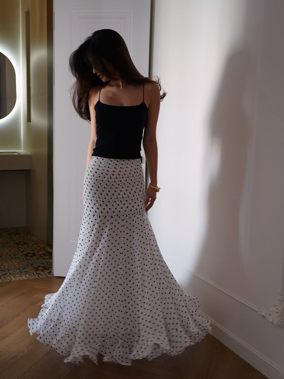  Polka Dot Chiffon Ruffled Maxi Skirt