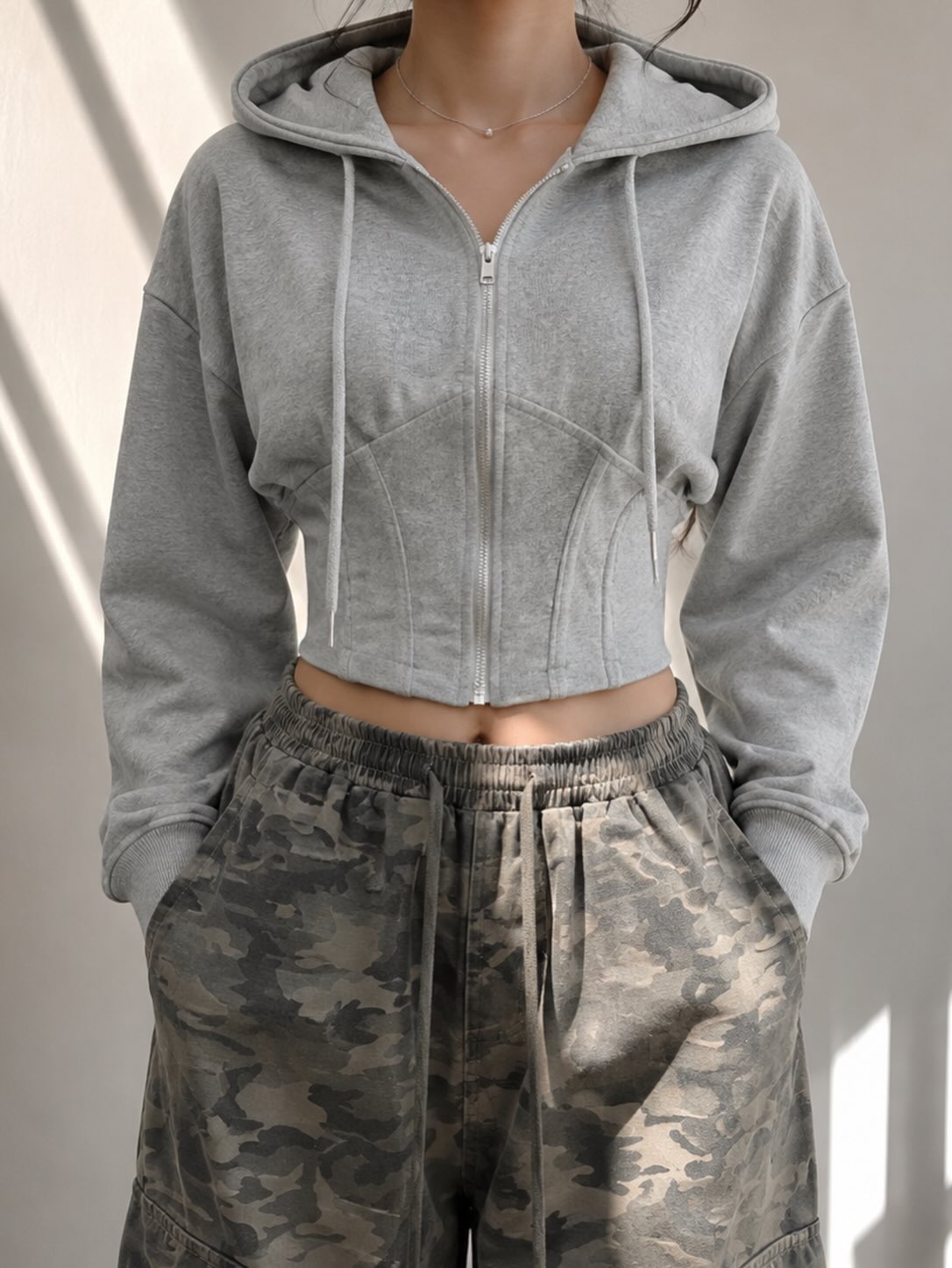 Corset‑Seamed Zip‑Up Cropped Hoodie with Drawstring Hood