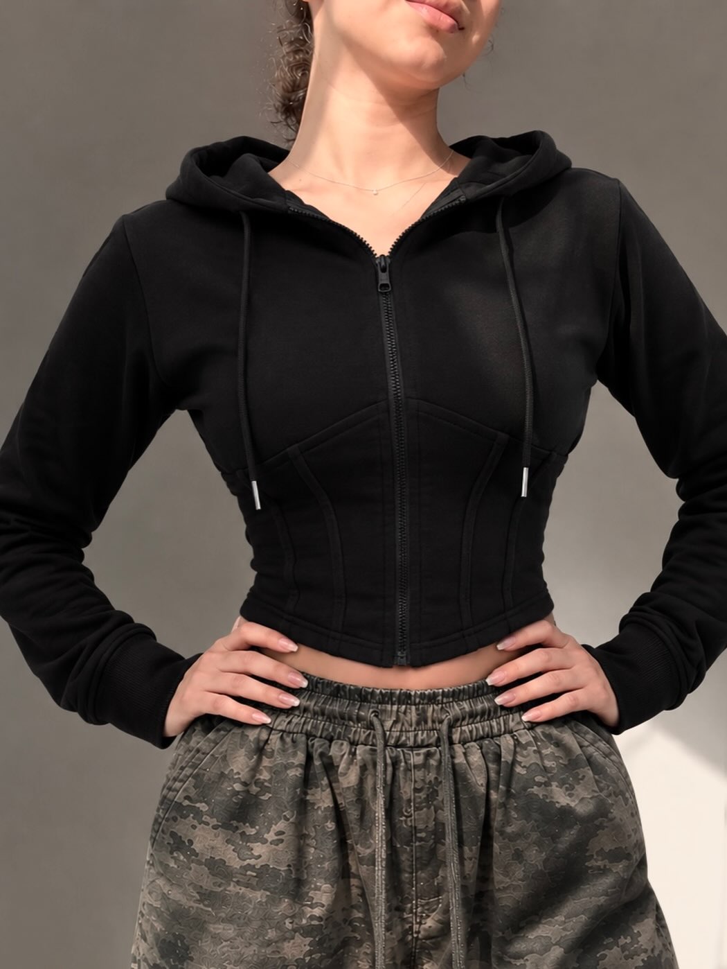 Corset‑Seamed Zip‑Up Cropped Hoodie with Drawstring Hood