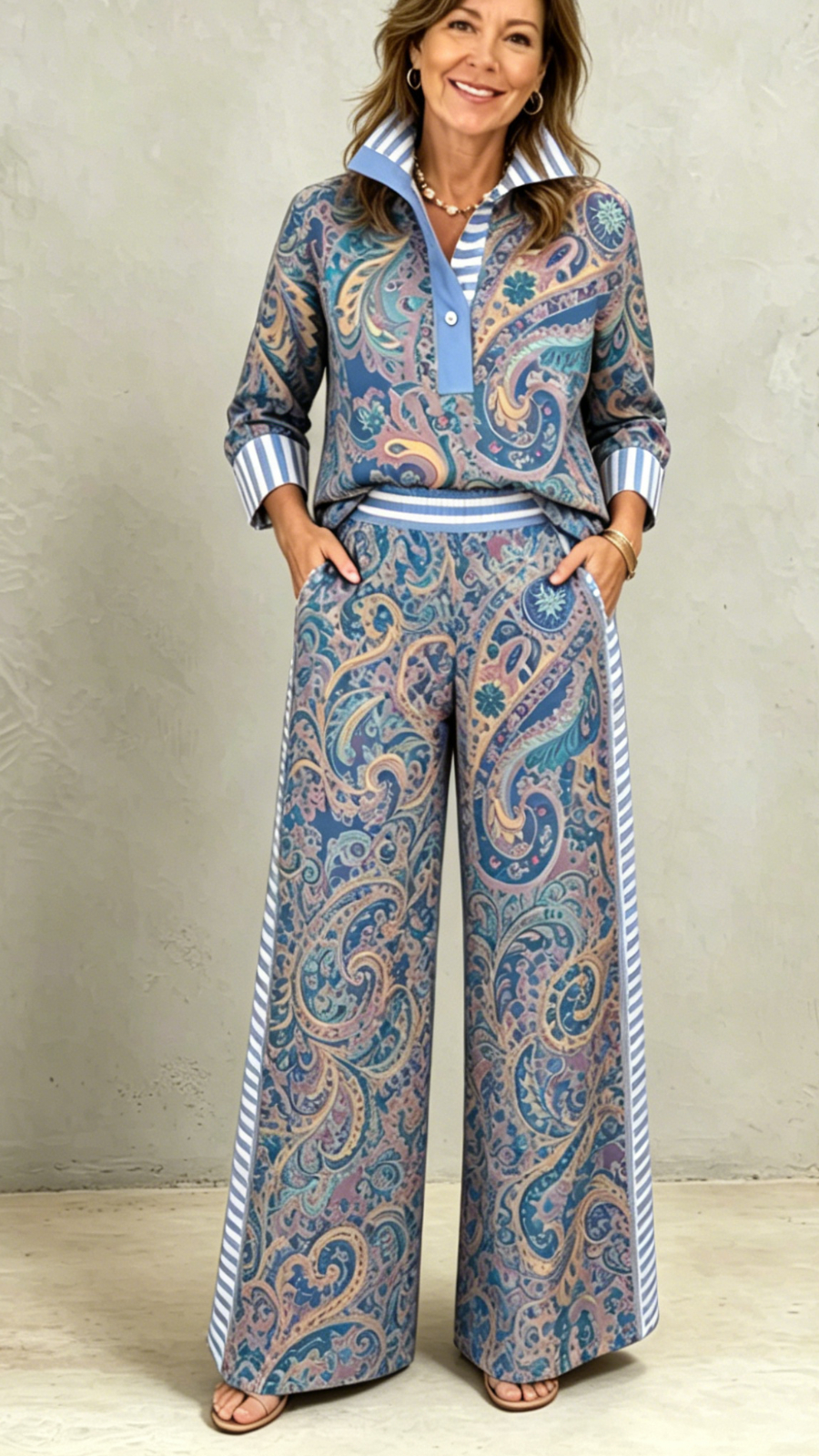 The Paisley Contrast-Stripe Two-Piece Set