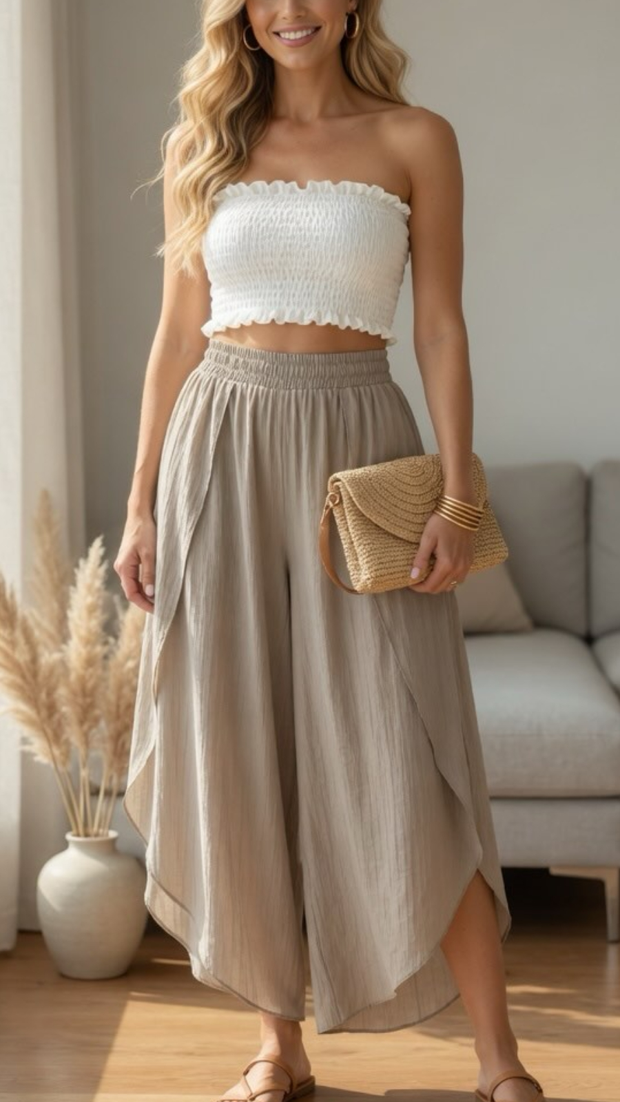 Smocked Tube Top & Overlay Wide-Leg Pants Two-Piece Set