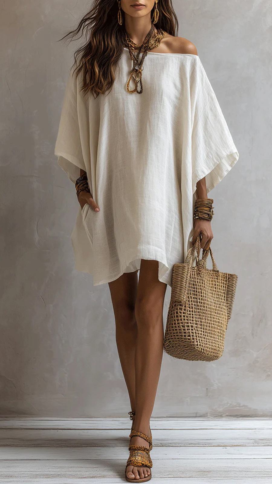 🌞 Off Shoulder Batwing Sleeve Linen Mini Tunic Dress