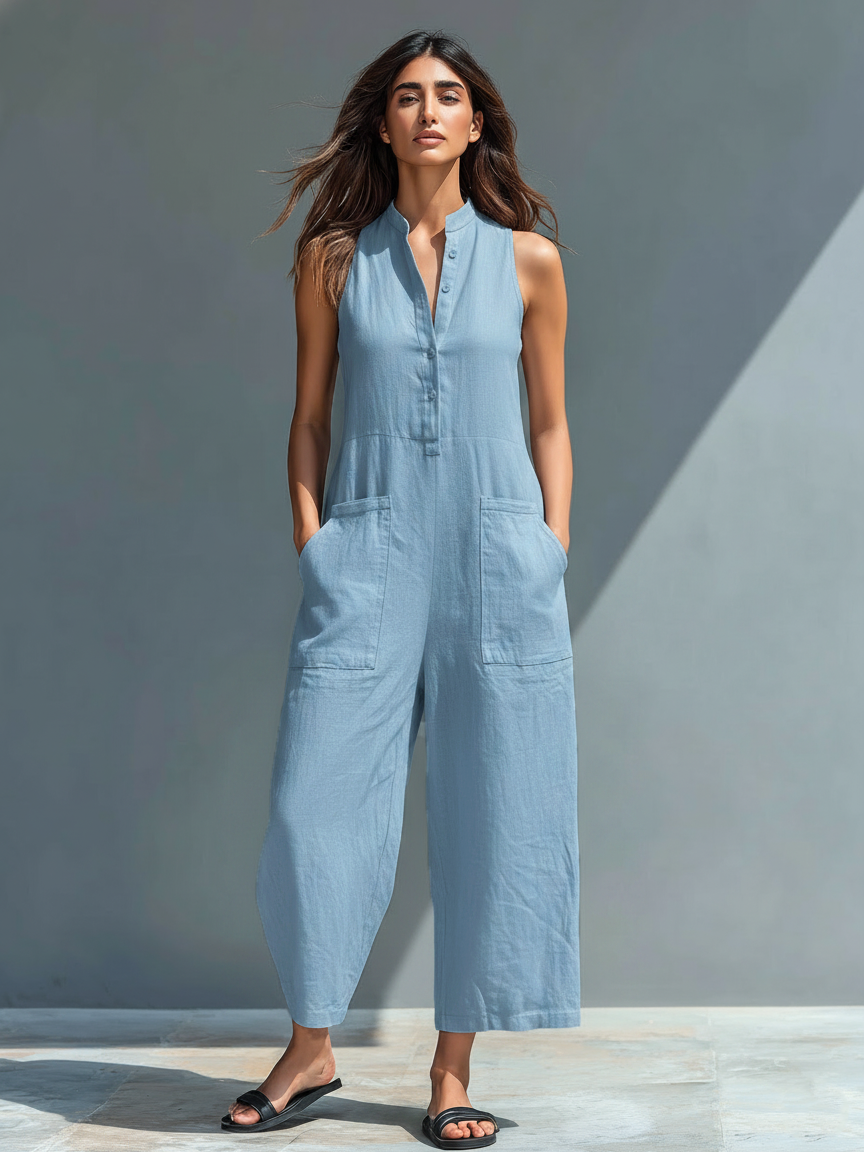 Women's Minimalist Linen Blend Button-up Stand-collar Sleeveless Loose Jumpsuit 