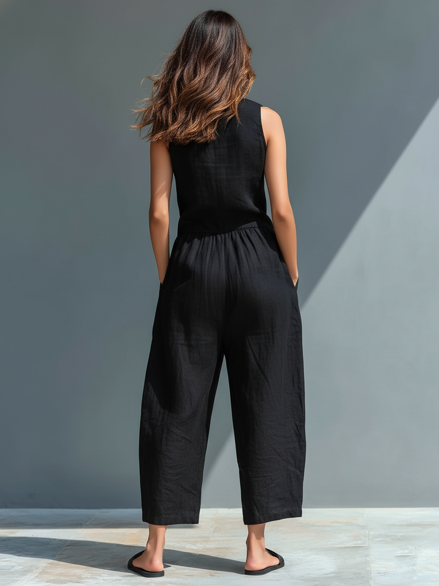 Women's Minimalist Linen Blend Button-up Stand-collar Sleeveless Loose Jumpsuit 