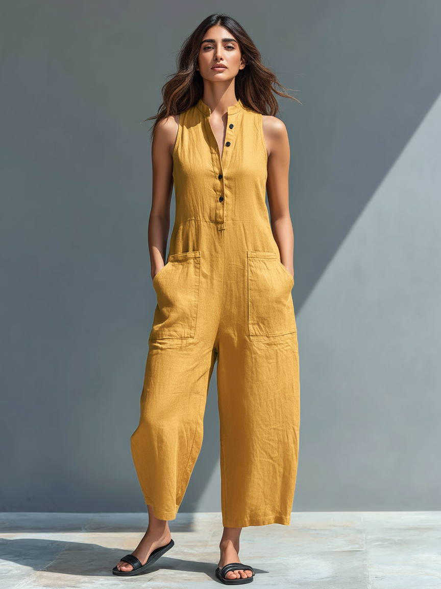 Women's Minimalist Linen Blend Button-up Stand-collar Sleeveless Loose Jumpsuit 