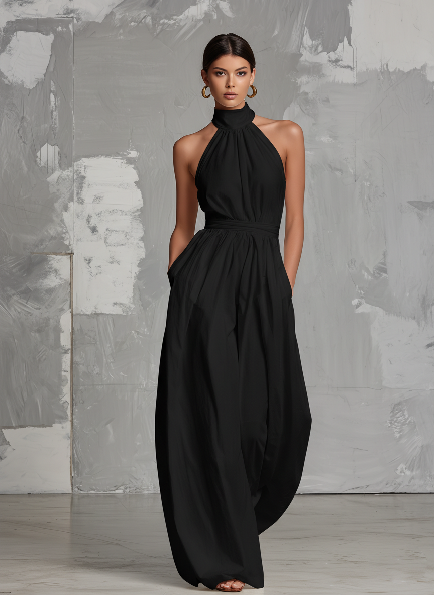 Women's Elegant White Woven Sleeveless Halter-neck Jumpsuit 