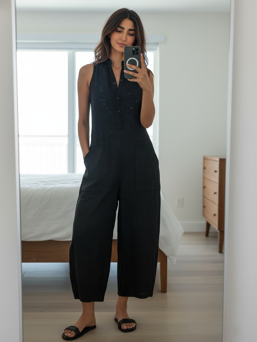 Women's Minimalist Linen Blend Button-up Stand-collar Sleeveless Loose Jumpsuit 