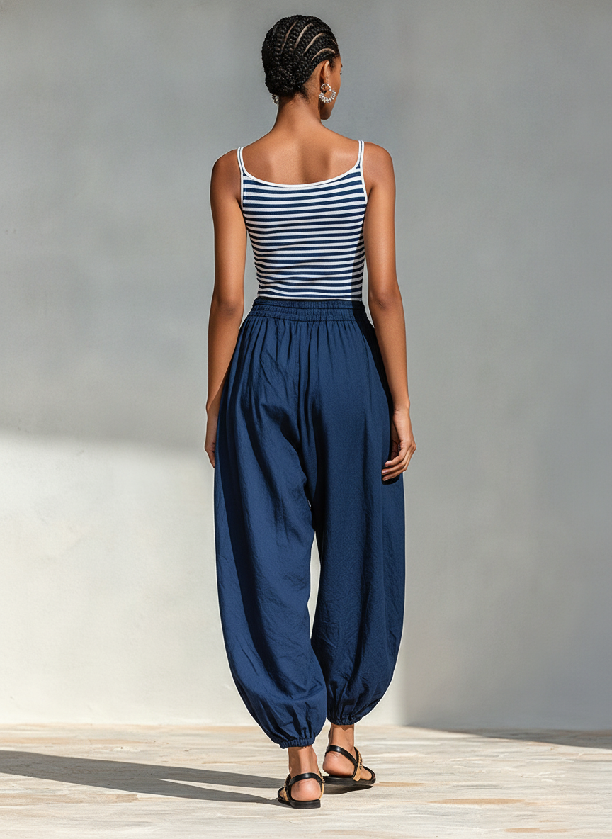  Striped Cotton-Blend Two-Piece Set With Square Neck Sling Top & Drawstring Harem Jogger Pants, 