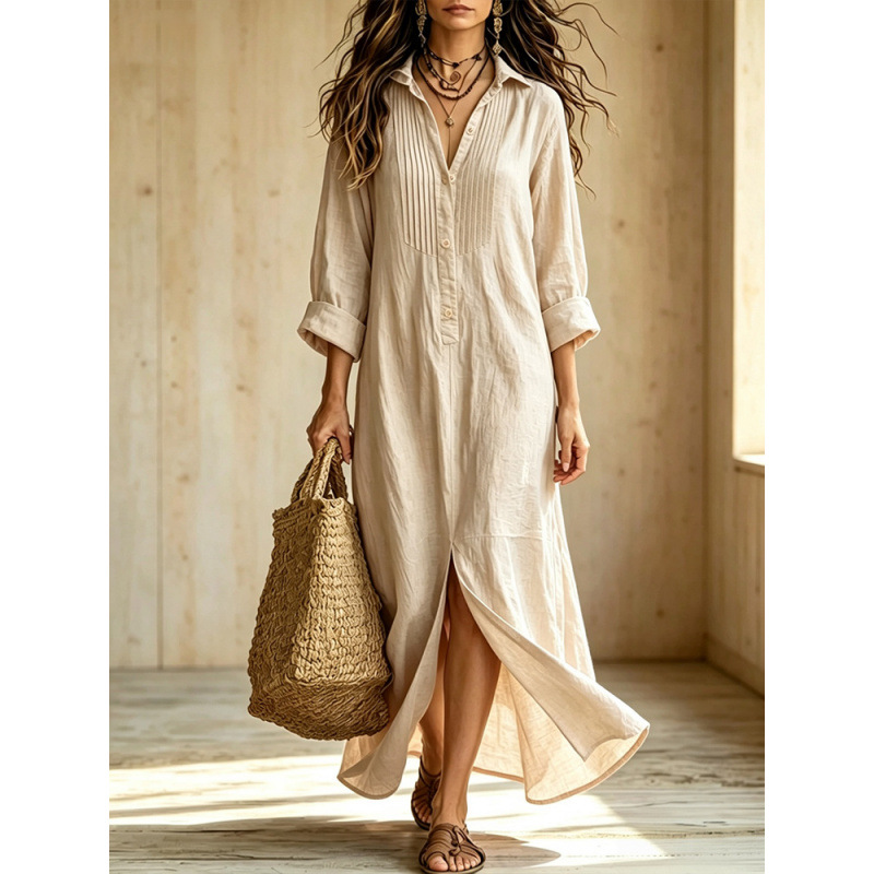 Linen Blend Shirt Maxi Dress | Roll‑Up Sleeve Button‑Front Loose Long Dress