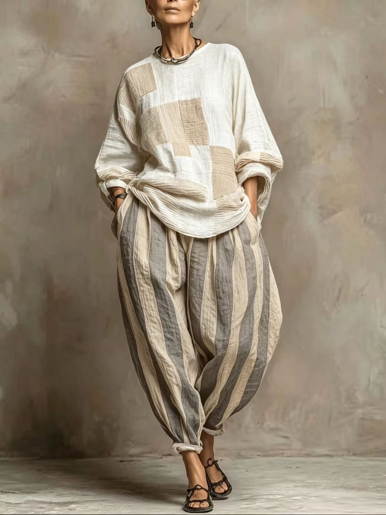 Artistic Stripe Print Cotton-linen Two-piece Set