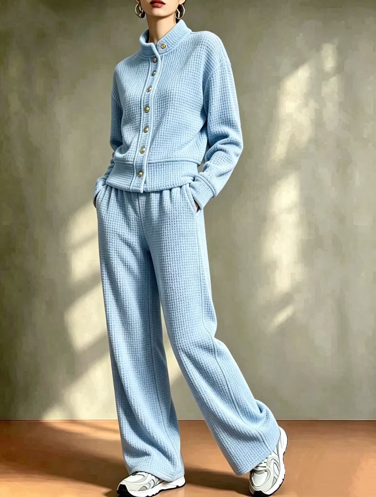 2‑Piece Waffle Knit Co‑Ord Set | Stand‑Collar Button Cardigan Top & Wide‑Leg Pants Casual Loungewear Outfit