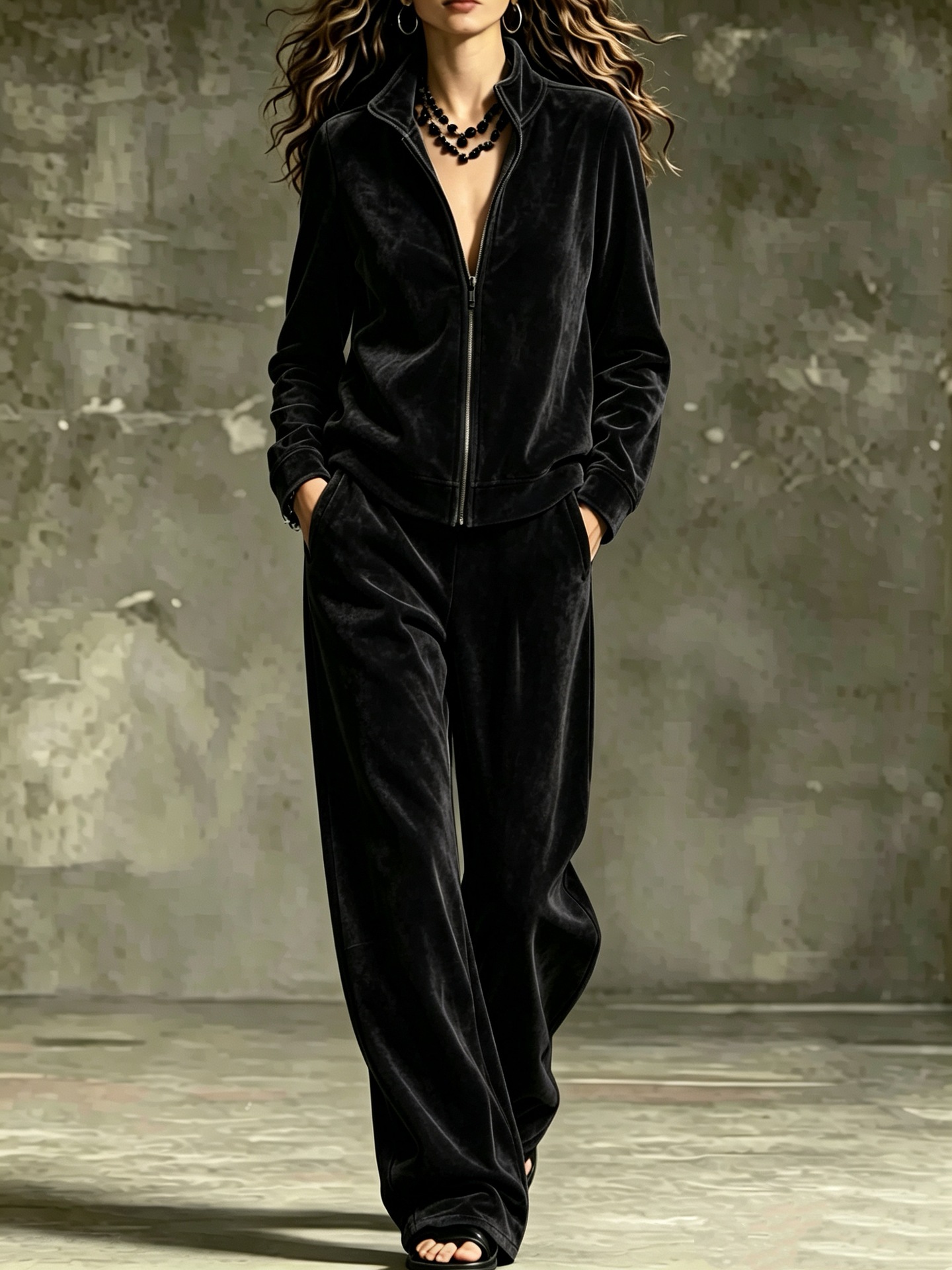2‑Piece Velour Tracksuit Set | Full‑Zip Stand Collar Jacket & Wide‑Leg Pants Luxury Loungewear Outfit