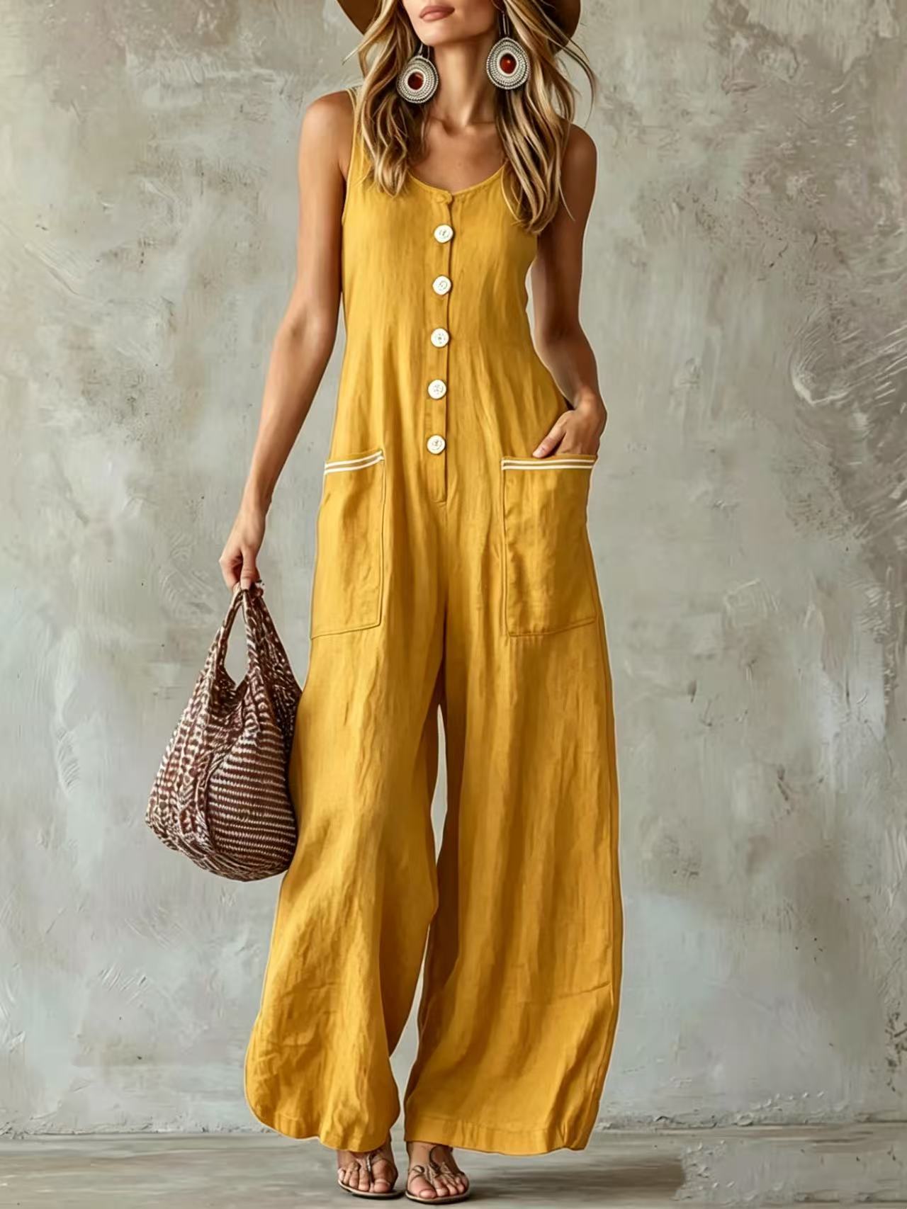 Sleeveless Button Front Contrast Pocket Wide Leg Jumpsuit