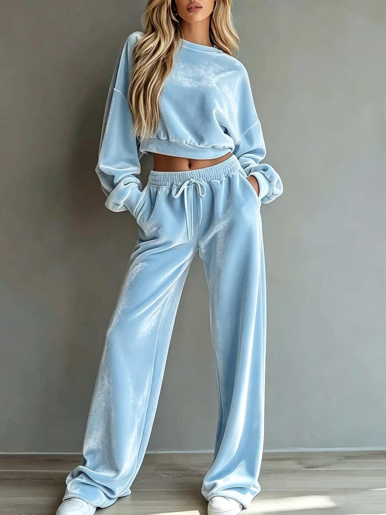 2‑Piece Velour Co‑Ord Set | Drop‑Shoulder Cropped Sweatshirt & Drawstring Wide‑Leg Pants Casual Loungewear Outfit