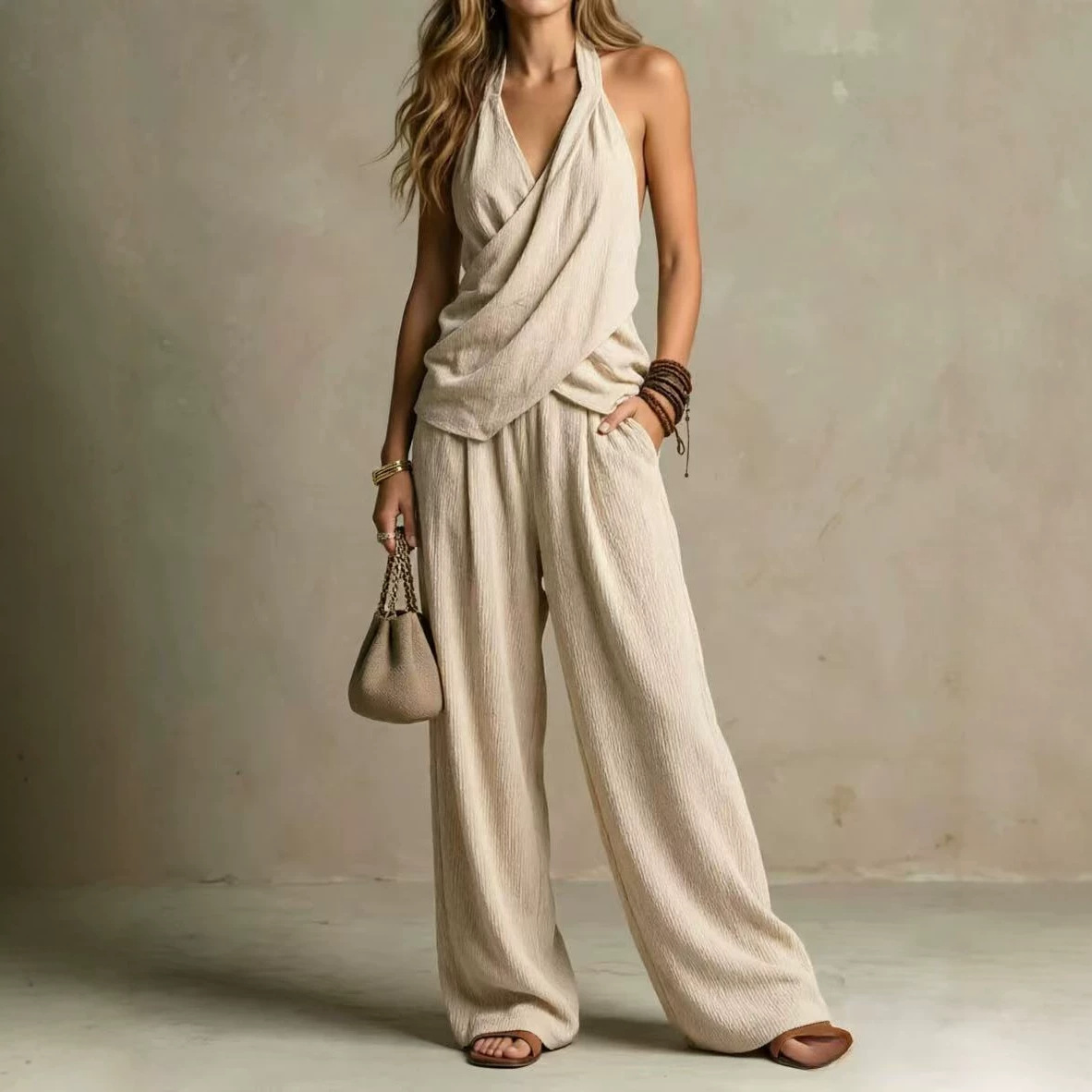 Halter Wrap Sleeveless Top & Pleated Elastic Waist Wide Leg Pocket Pants Two Piece Matching Set