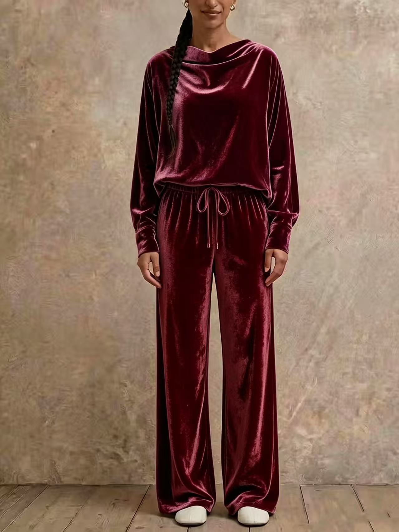 2‑Piece Velvet Co‑Ord Set | Draped Cowl Neck Long‑Sleeve Top & Drawstring Elastic Waist Wide‑Leg Pants Elegant Loungewear Outfit
