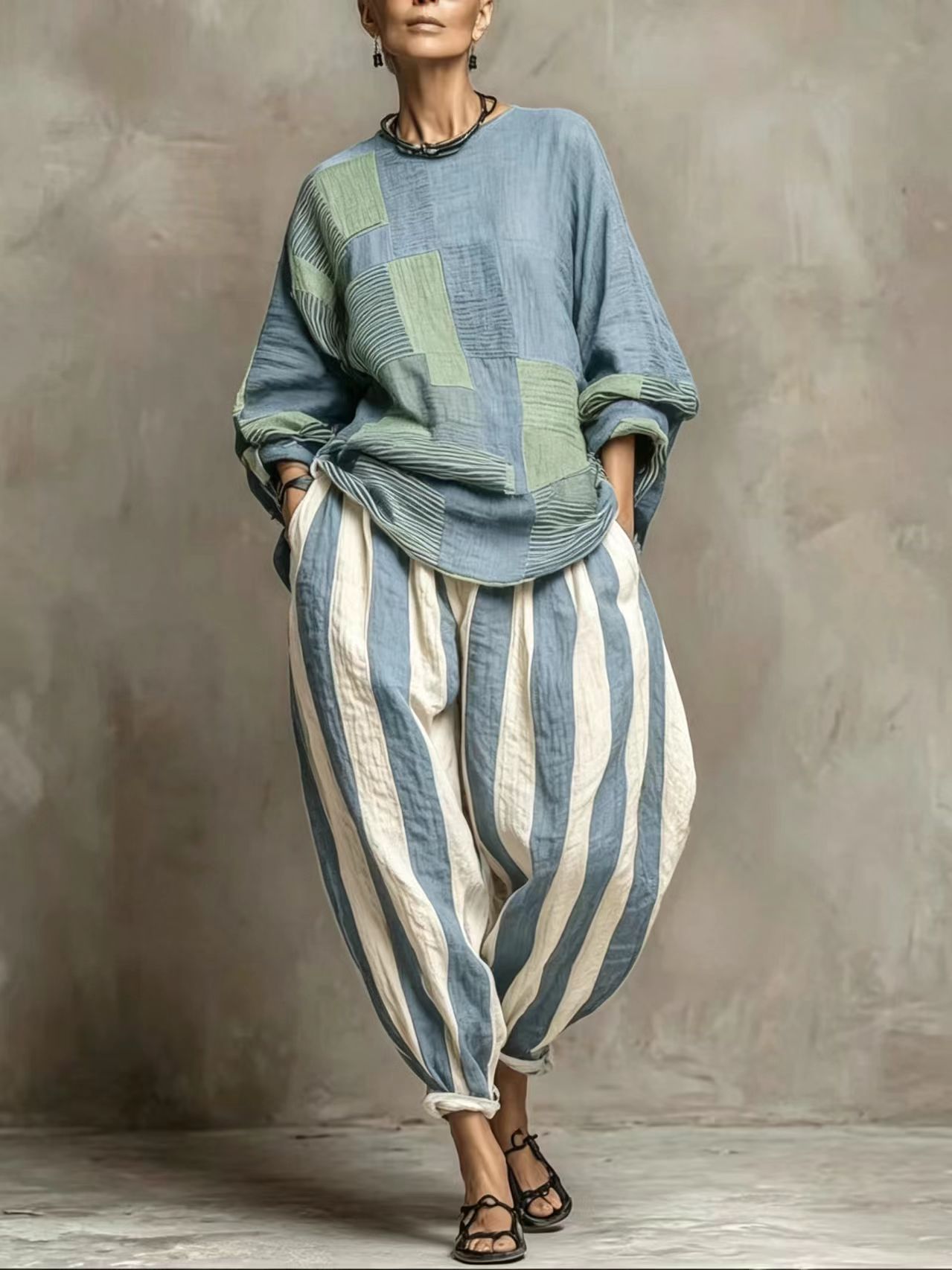 Artistic Stripe Print Cotton-linen Two-piece Set