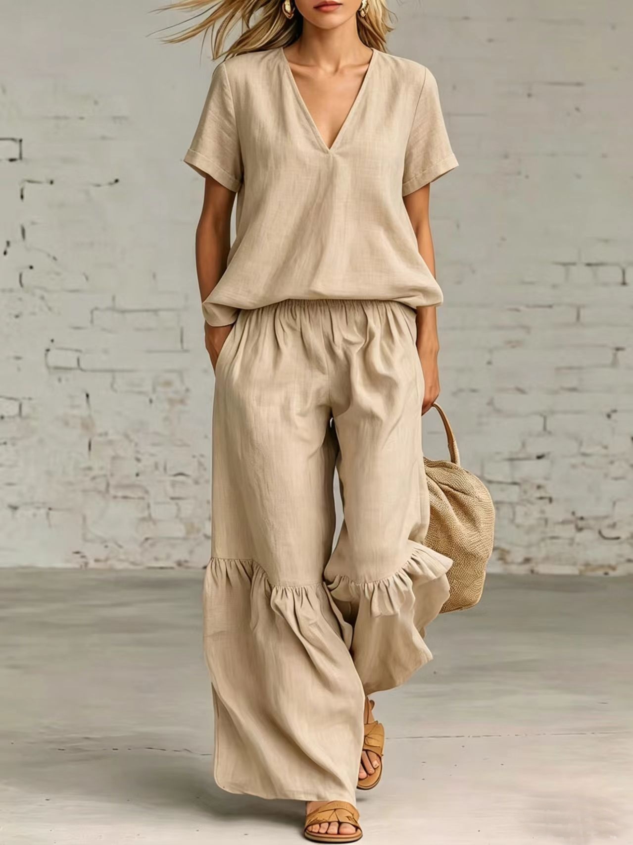 V-Neck Short Sleeve Top Ruffle Wide Leg Two Piece Matching Set