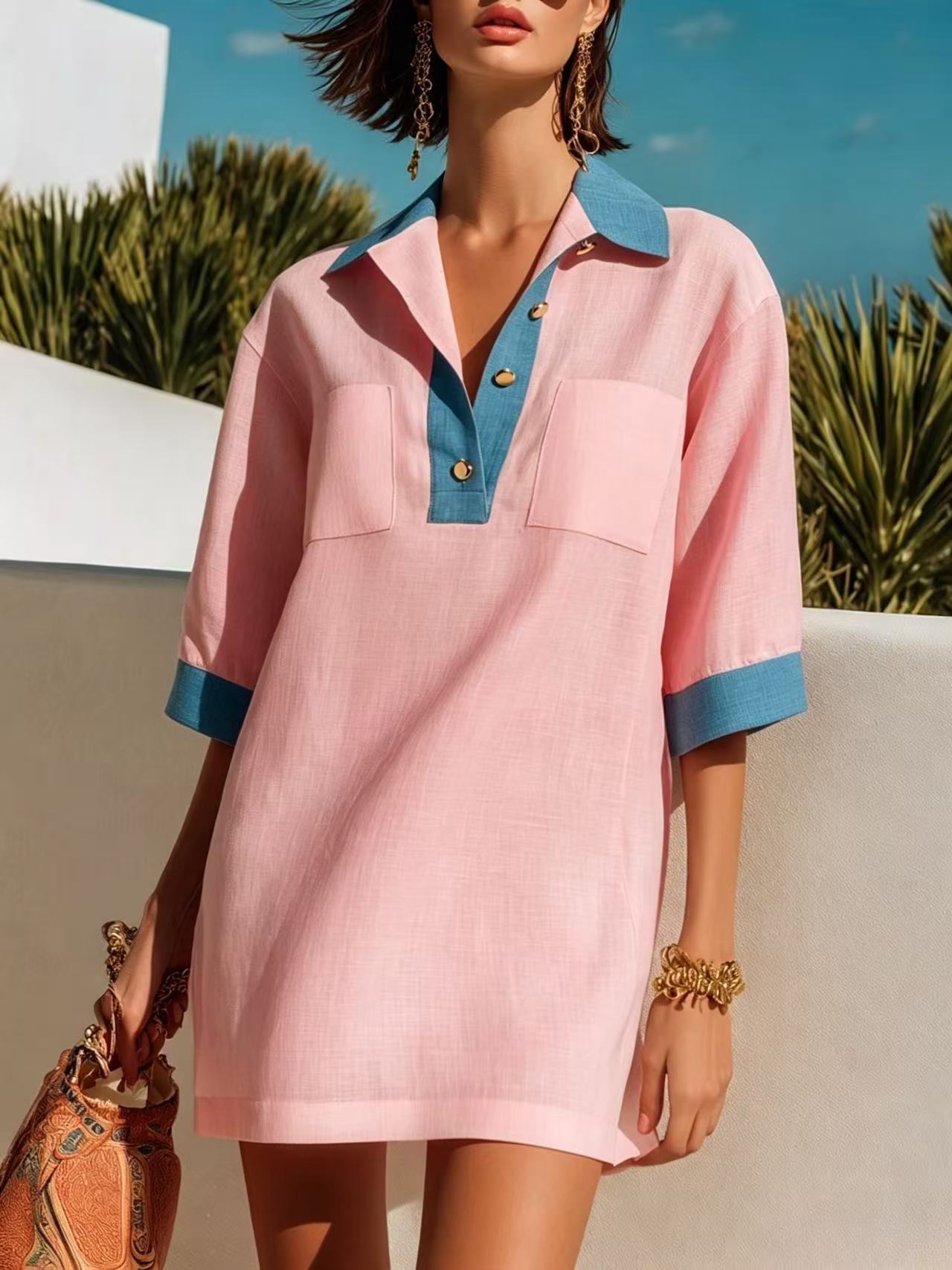 Color Block Collar Half Button Short Sleeve Mini Shirt Dress With Double Chest Pockets