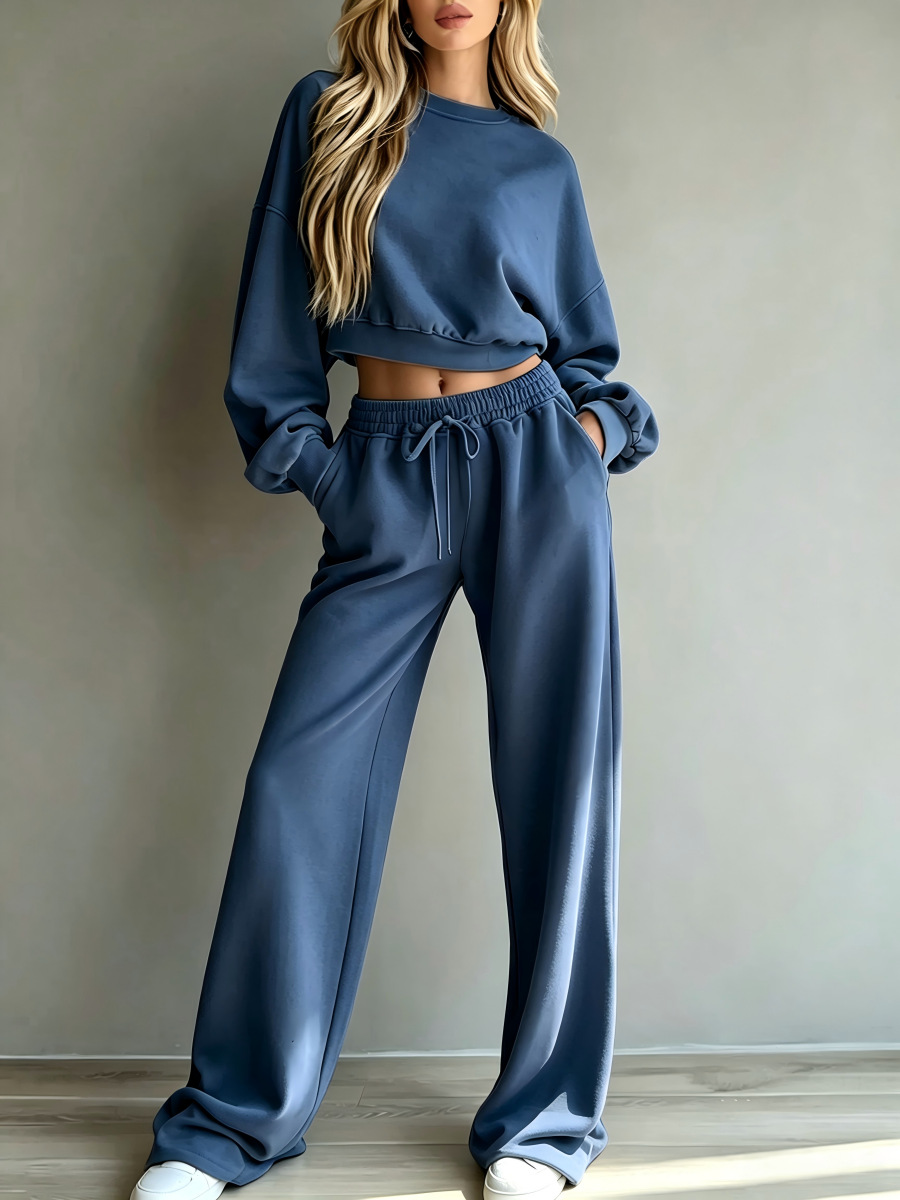 Cropped Crew Neck Sweatshirt & Drawstring Wide‑Leg Sweatpant Two‑Piece Set