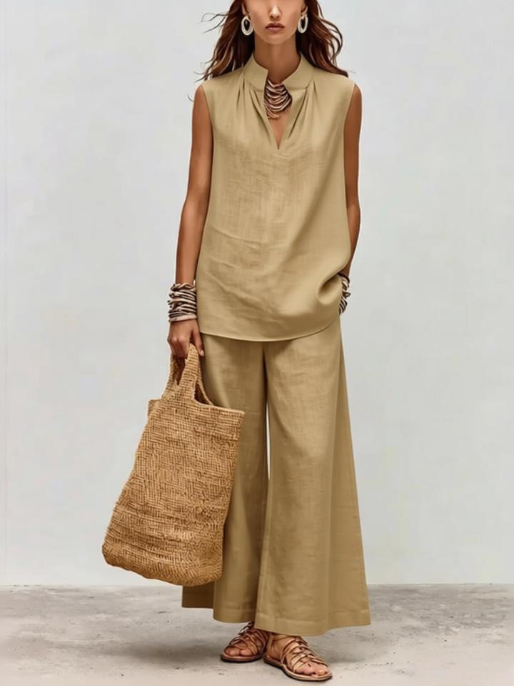 Stand Collar Sleeveless Split Neck Linen Top & Wide Leg Pants Two-Piece Matching Set