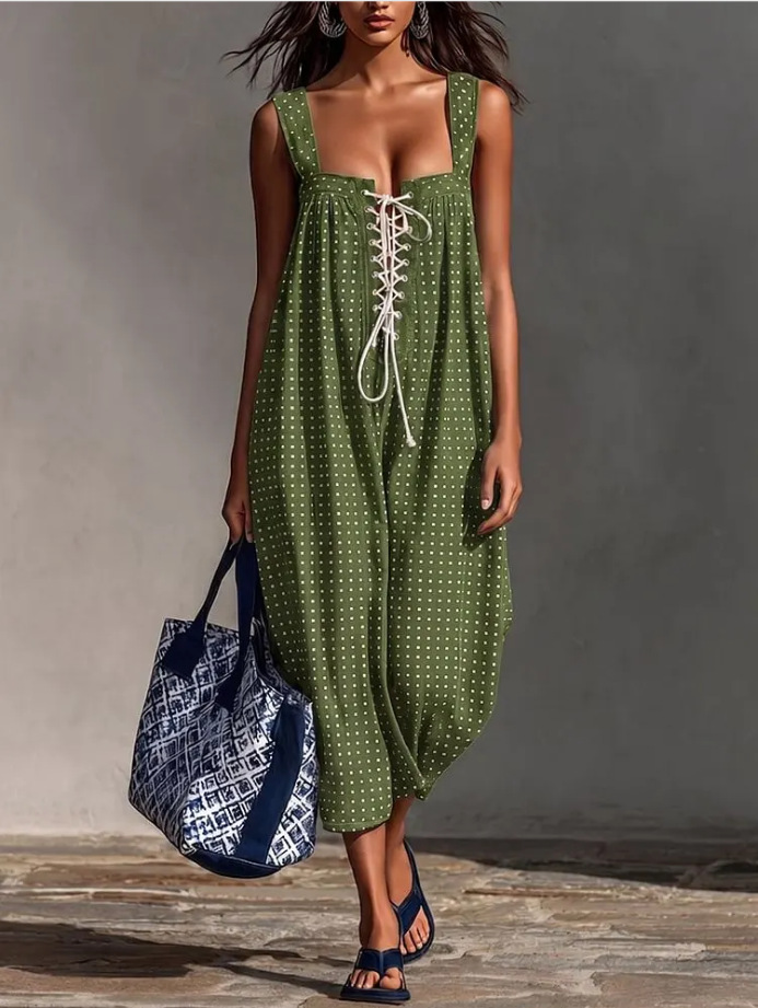 Square Neck Polka Dot Lace-Up Sleeveless Midi Dress