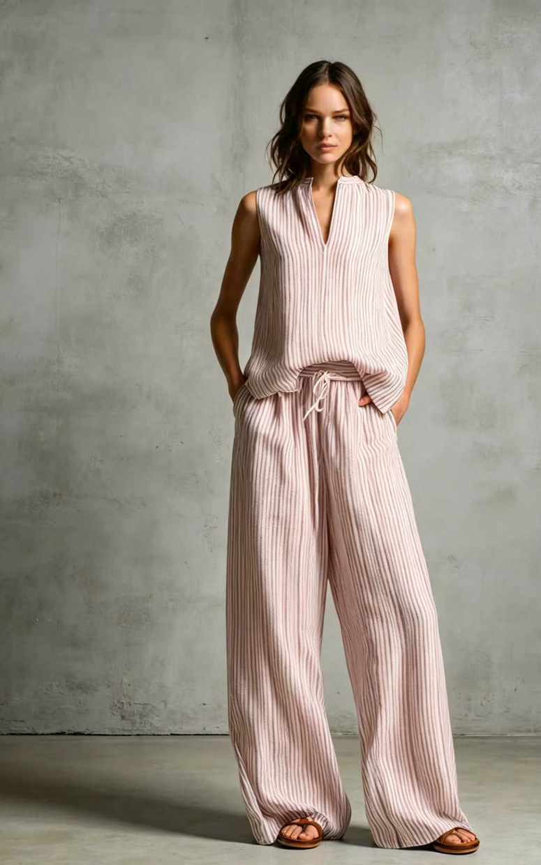 Stand Collar Split V Neck Sleeveless Striped Top & Drawstring Waist Wide Leg Pocket Pants Two Piece Matching Set