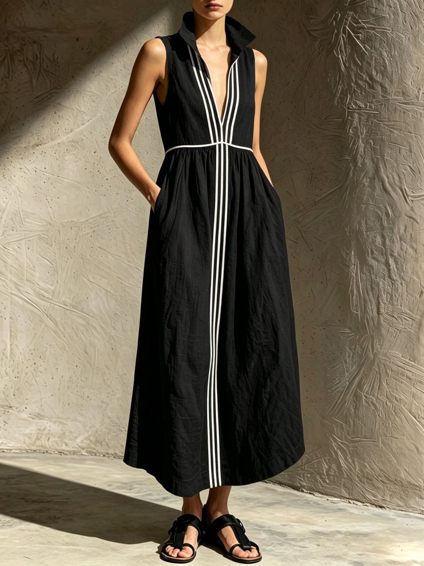 Stand-collar, Deep V-neck, Sleeveless Cotton-linen A-line Maxi Dress