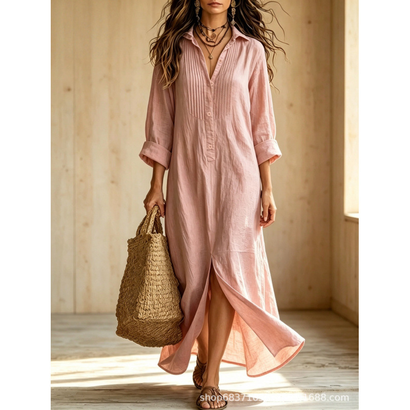 Linen Blend Shirt Maxi Dress | Roll‑Up Sleeve Button‑Front Loose Long Dress