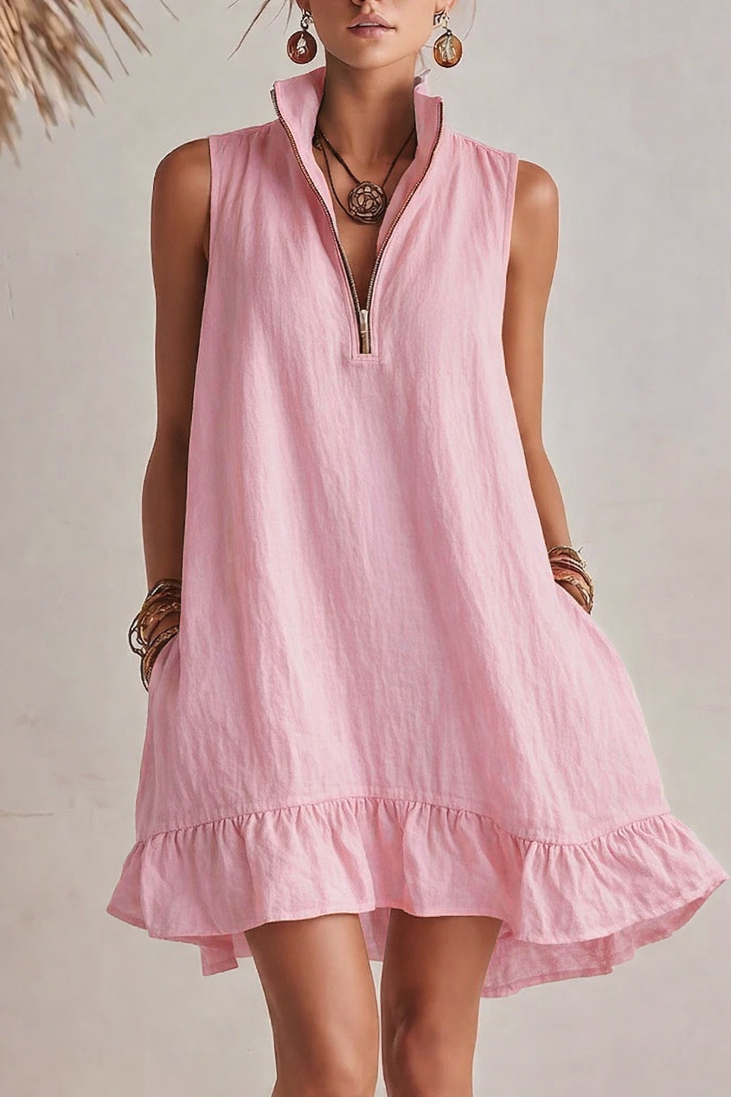 🌞 Half?Zip Stand?Collared Sleeveless Ruffle Hem Linen Mini Dress