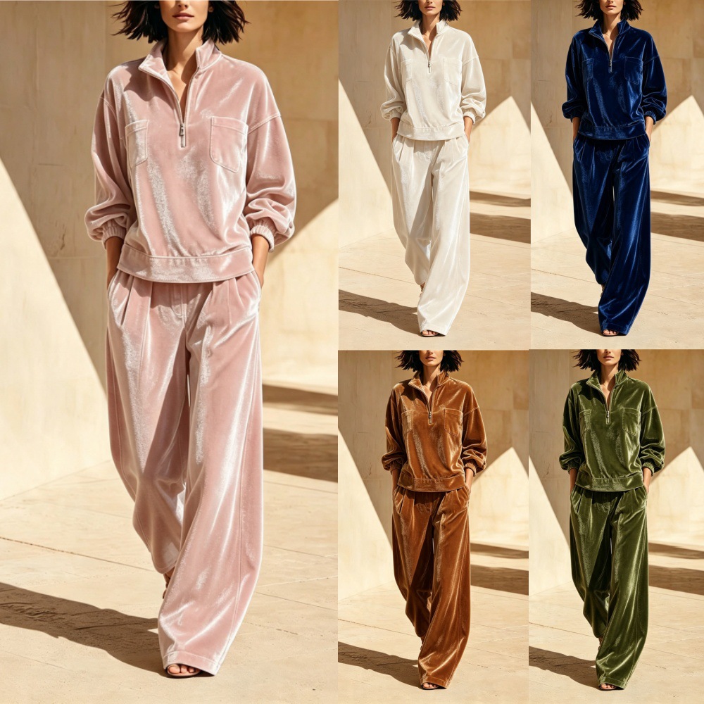 2‑Piece Velour Co‑Ord Set | Half‑Zip Stand Collar Top & Pleated Wide‑Leg Pants Luxury Loungewear Outfit